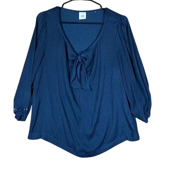 CAbi Womans Blouse Navy Swiss Dot Tie Front Scoop Neck Relaxed Medium - Picture 1 of 10